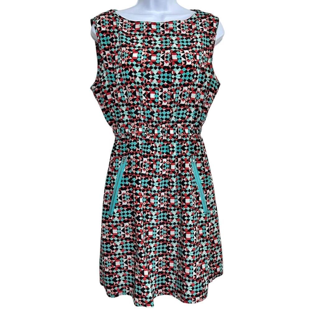 Feathers Geometric Sleeveless Mini Dress Women’s Large Pockets Teal Red Black